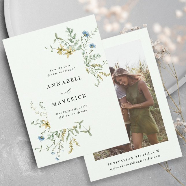 Save The Date Pale Green Delicate Fleur sauvage Boho Mariage Pho (Front & Back)