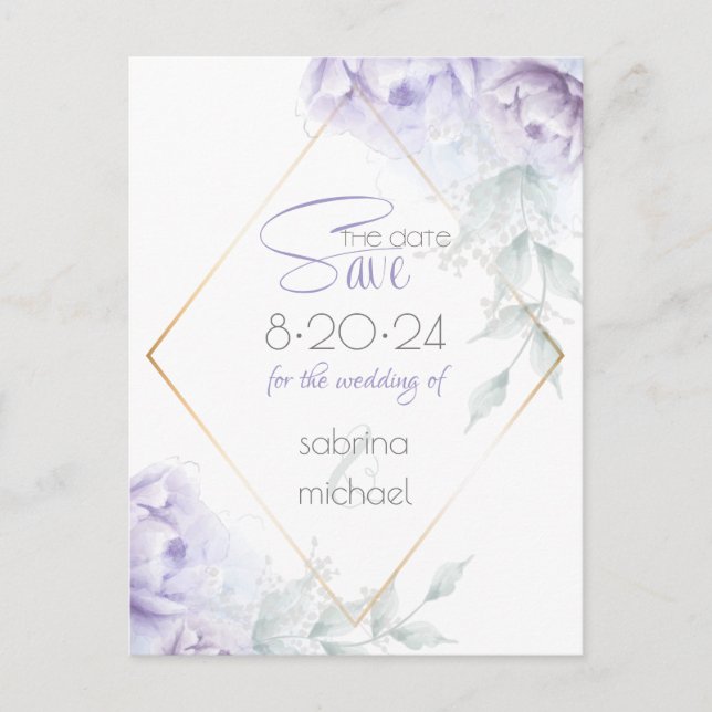 Save the Date | Pale Lilac Watercolor Peonies Postcard (Front)