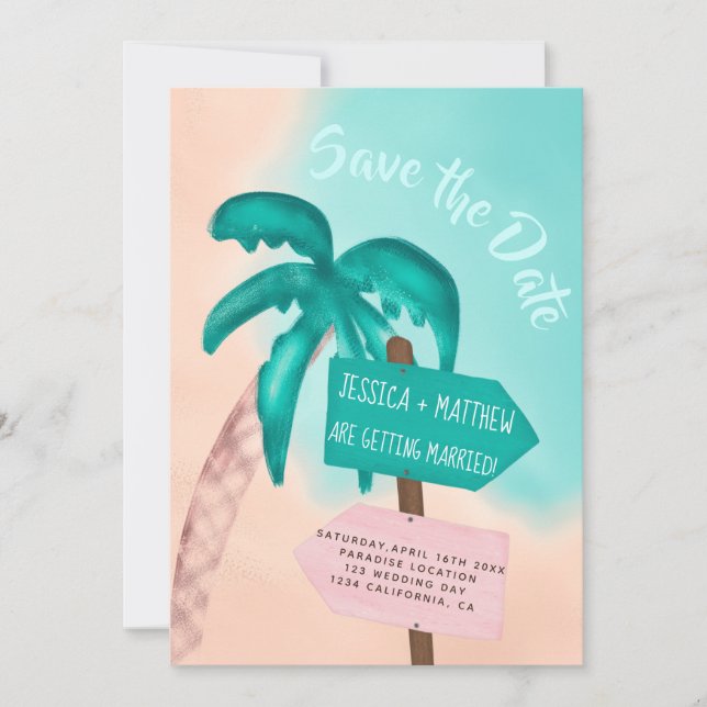 Save The Date Palm arbre plage flèche bleu tropical enregistrer  (Devant)