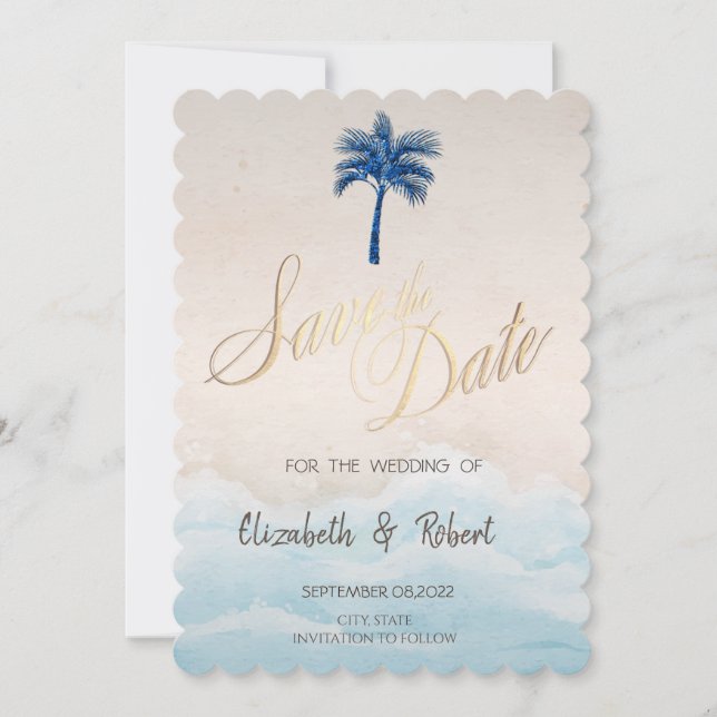 Save The Date Palm de Parties scintillant de plage tropicale (Devant)