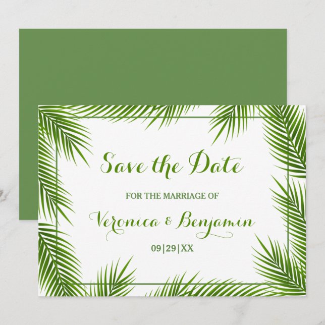 Save The Date Palm Feuilles Tropical Beach Mariage Enregistrer L (Devant / Derrière)