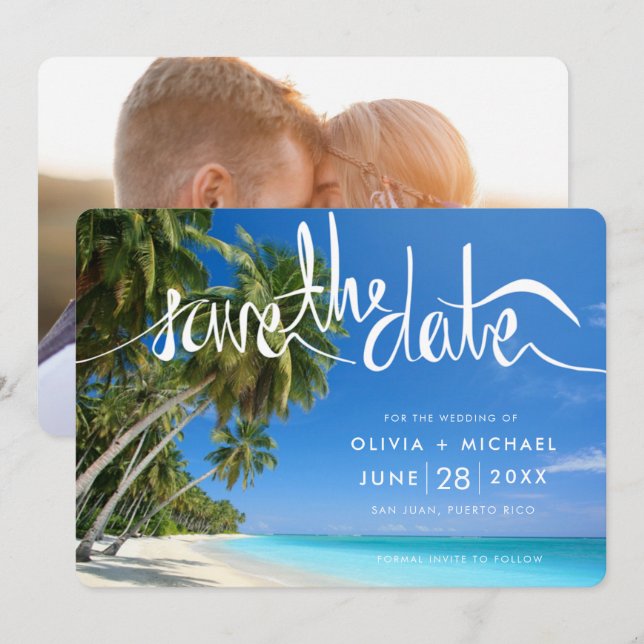 Save The Date Palm Tree Beach Tropical Destination Mariage Photo (Devant / Derrière)