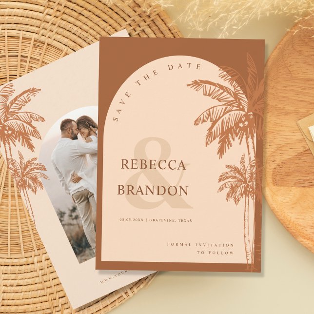 Save The Date Palm Tree Beach Tropical Photo Mariage en terre cu (Créateur téléchargé)