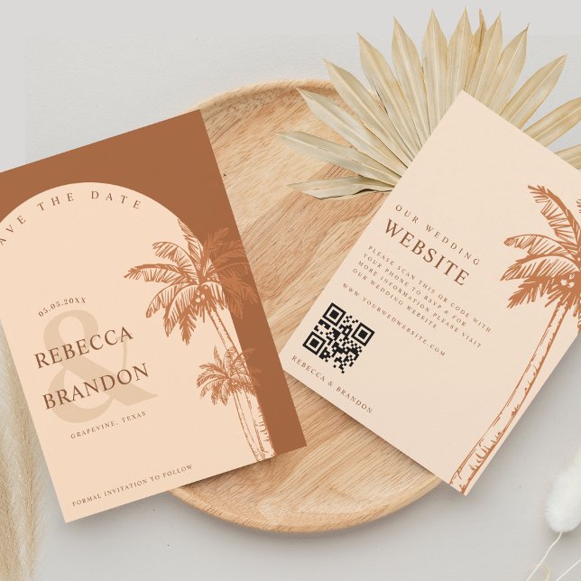 Save The Date Palm Tree Boho Beach Terracotta QR Code Mariage (Créateur téléchargé)