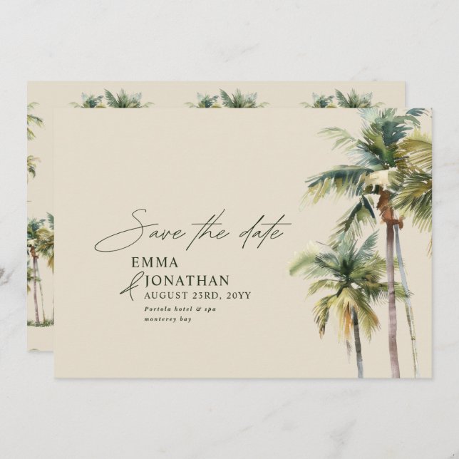 Save The Date Palm Tree Destination Elegant Coastal Wedding (Devant / Derrière)