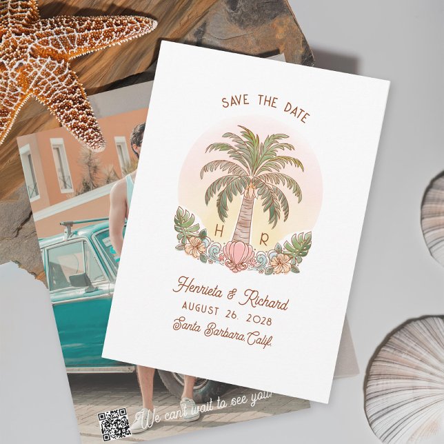 Save The Date Palmier couché de soleil Aquarelle Monogram Beach (Créateur téléchargé)
