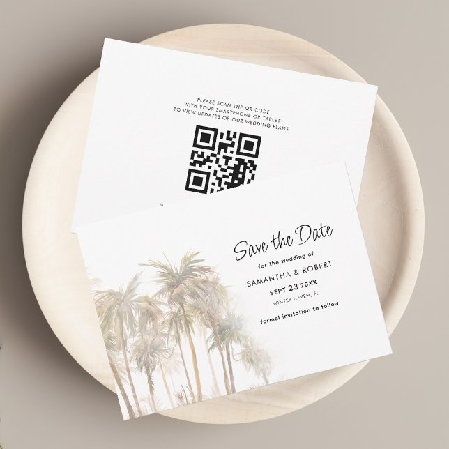 Save The Date Palmiers de la côte et mariage au code QR (Palm Trees QR Code Wedding Save the Date Announcement Horizontal Card)