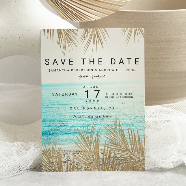 Save The Date Palmiers modernes en or sur la plage, photo de sau (Créateur téléchargé)