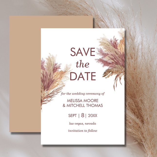 Save the date pampas elegance boho mauve pink invitation (Creator Uploaded)