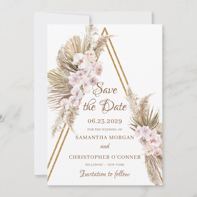 Save The Date Pampas Grass séché Palm Faux Gold Arch Dusty Rose (Devant)
