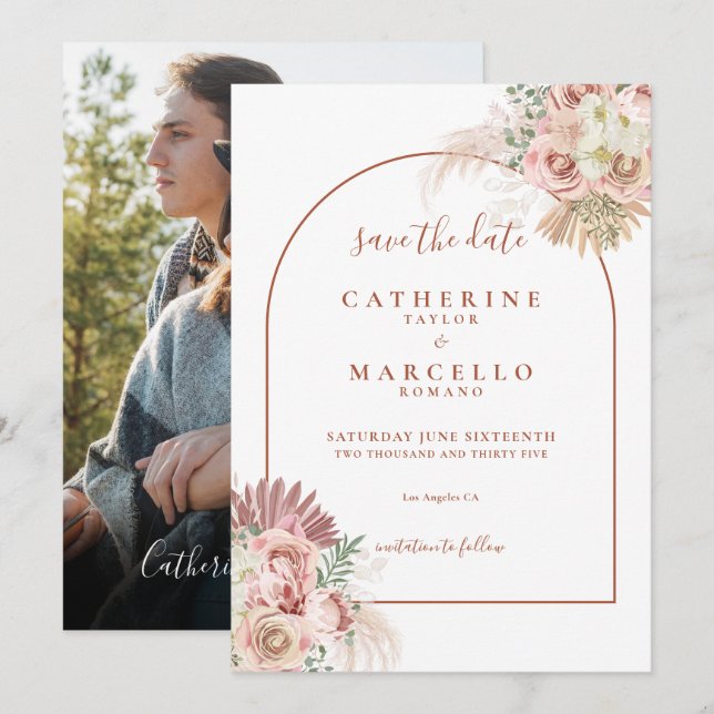 Save The Date Pampas Grass Terracotta Arch Mariage photo (Devant / Derrière)
