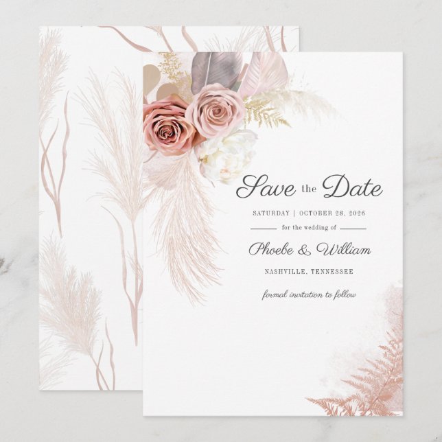 Save The Date Pampas moderne Grass Floral Script Terracotta (Devant / Derrière)