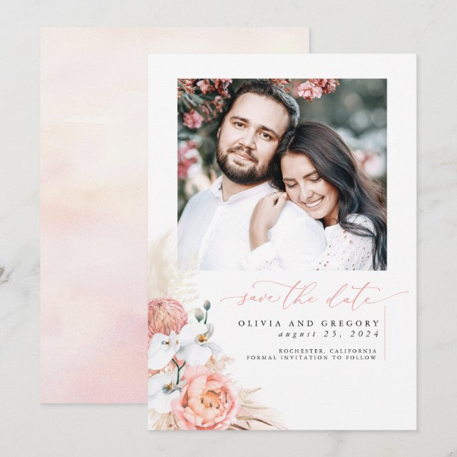 Save The Date Pampas Rose Vierge Grass Enregistrer La Date Photo (Devant / Derrière)