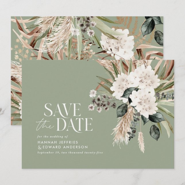 Save The Date Pampas rustique moderne eucalyptus botanique éléga (Devant / Derrière)