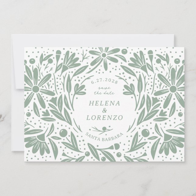 Save The Date Papercut Fleurs rustiques Sage Green (Devant)