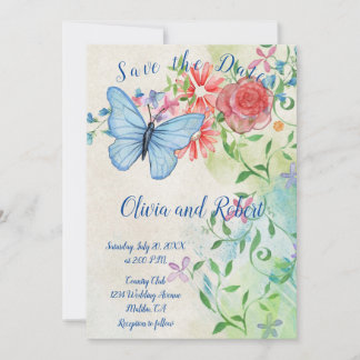 Save The Date Papillon aquarelle personnalisé et rose rouge