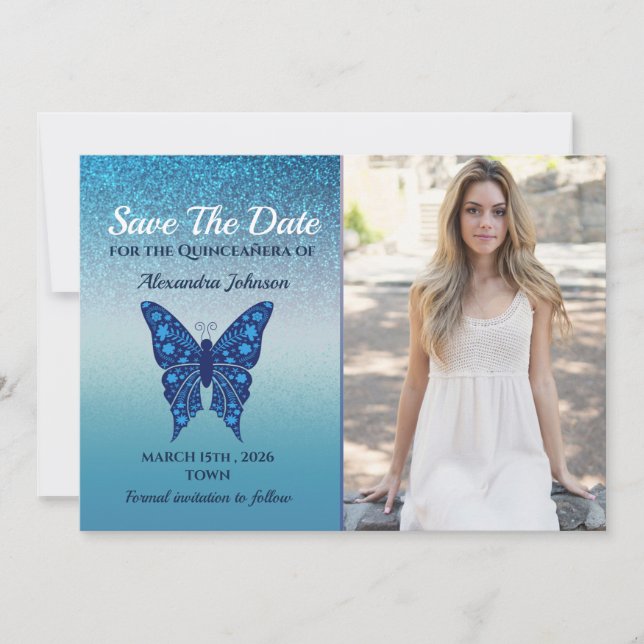 Save The Date Papillon bleu Quinceañera (Devant)