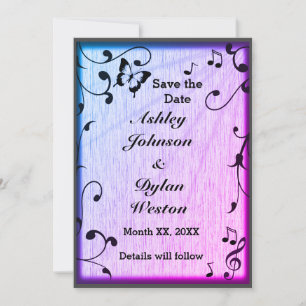 Save The Date Papillon de musique Feuilles Bois Bleu & Violet Ma