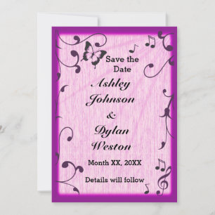 Save The Date Papillon de musique feuilles rose violet bois mari