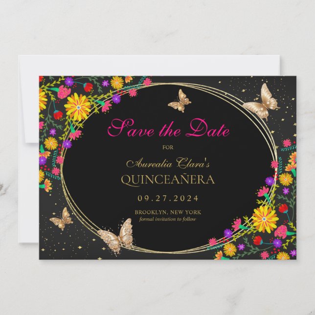 Save The Date Papillon Floral Noir Mexicain Quinceanera (Devant)