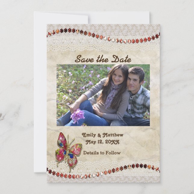 Save The Date Papillon mousseux, dentelle et parchemin Enregistr (Devant)