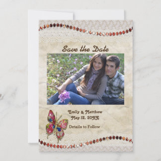 Save The Date Papillon mousseux, dentelle et parchemin Enregistr