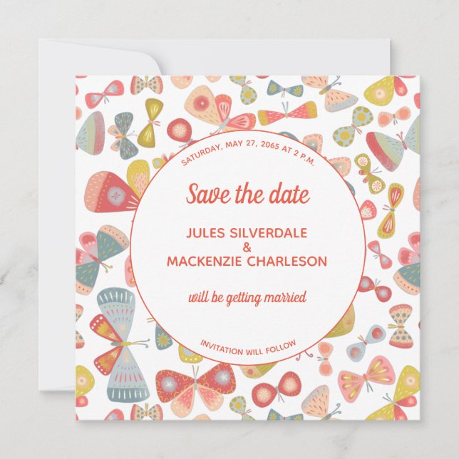 Save The Date Papillon rose vert (Devant)