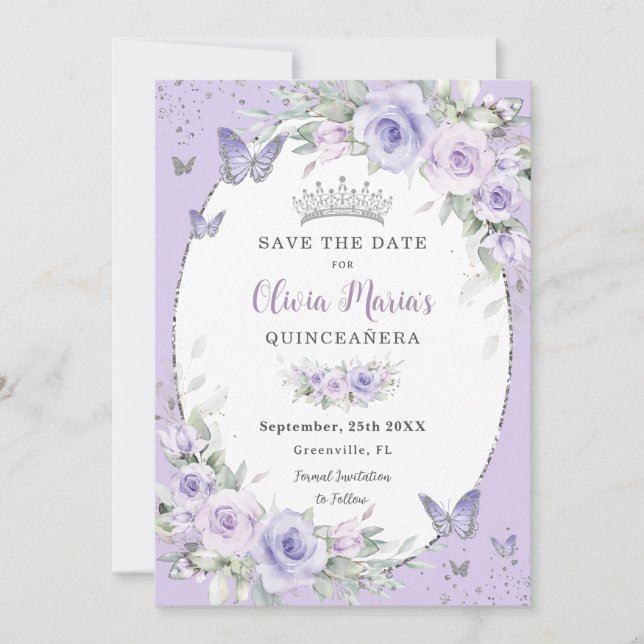 Save The Date Papillons floraux pourpres de lavande Quinceañera (Devant)