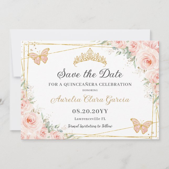 Save The Date Papillons Floraux rose pâle Quinceañera Sweet 16 (Devant)