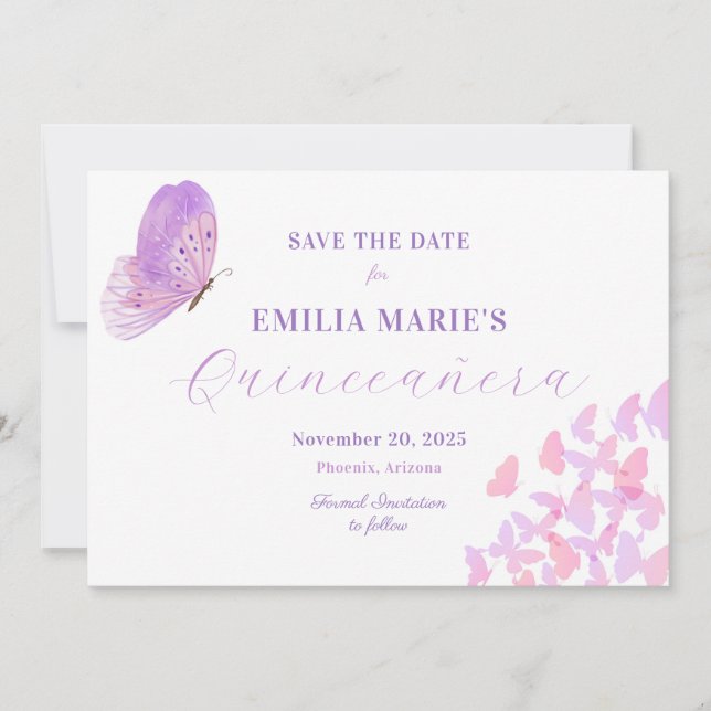 Save The Date Papillons Quinceañera Enregistrer La Date (Devant)