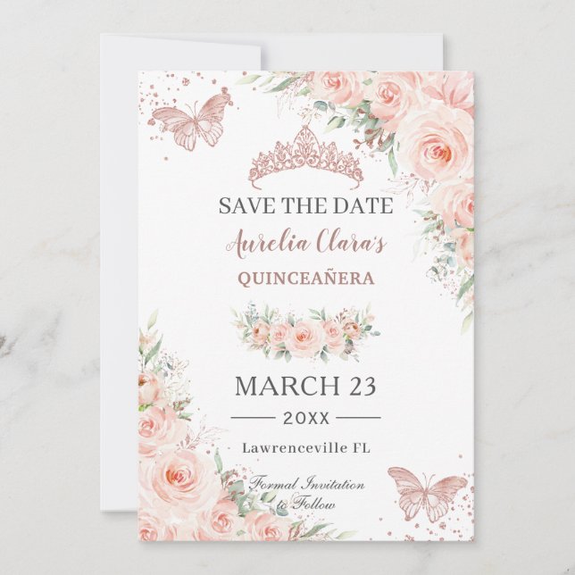 Save The Date Papillons Quinceanera or Rose flou (Devant)