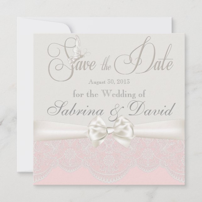 Save The Date Papillons roses et ivoire et dentelle Enregistrer  (Devant)
