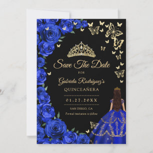 Save The Date Papillons Royal Blue Gold Rose Quinceanera