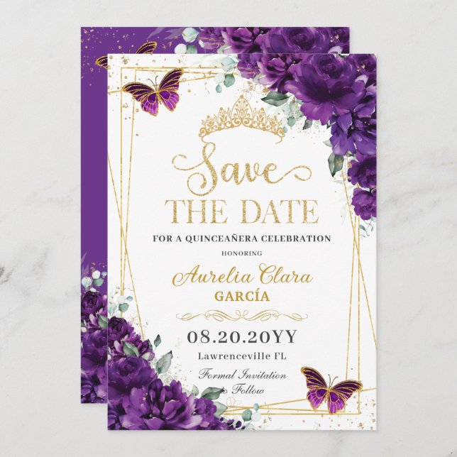 Save The Date Papillons Violet Foncé Or Quinceanera Douce 16 (Devant / Derrière)