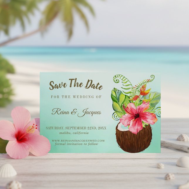 Save The Date Paradis tropical Cocotier Floral Bouquet Mariage (Créateur téléchargé)