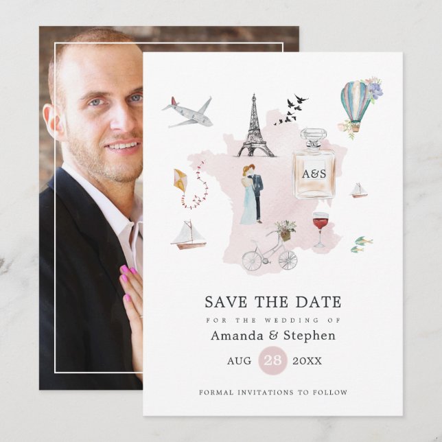 Save The Date Paris Destination Mariage Monogrammé Photo (Devant / Derrière)