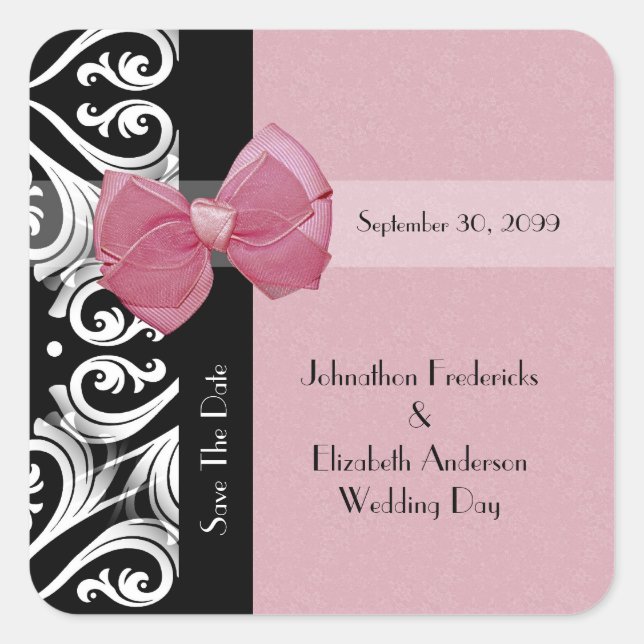 Save The Date Parisian Wedding Pink Ribbon Square Sticker (Front)