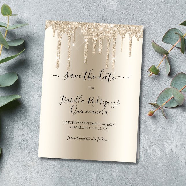 Save The Date Parties scintillant à goutte de champagne Quinceañ (Champagne Dripping Glitter Glitter Drips Elegant Formal Quinceañera Quince Save The Date Invitation)