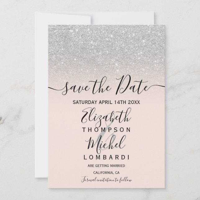 Save The Date Parties scintillant argent ombre script blush enre (Devant)