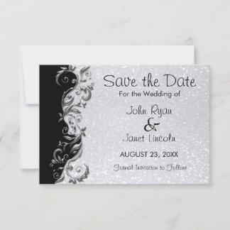Save The Date Parties scintillant blanche, Mariage floral noir e