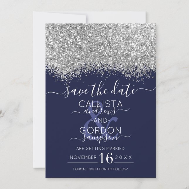 Save The Date Parties scintillant de luxe Silver Navy Mariage Co (Devant)