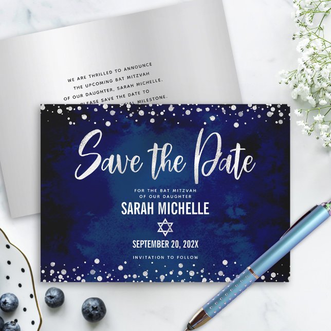 Save The Date Parties scintillant en argent de marine Bat mitzva (Créateur téléchargé)