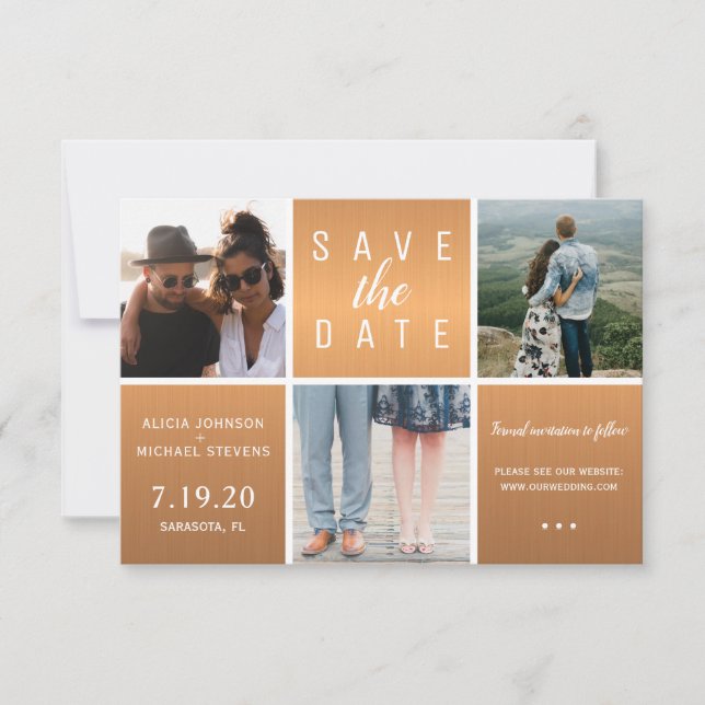 Save The Date Parties scintillant en or cuivre moderne 3 photo c (Devant)