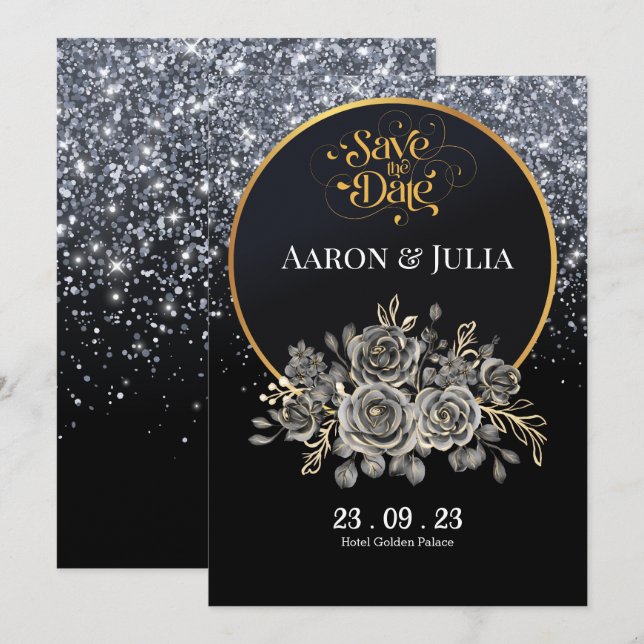 Save The Date Parties scintillant Fleurs de Rose noir Enregistre (Devant / Derrière)