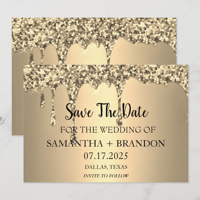 Save The Date Parties scintillant Gold Sparkle Mariage de luxe (Devant / Derrière)