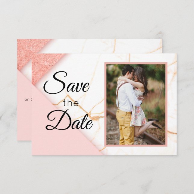 Save The Date Parties scintillant moderne en marbre rose et or (Devant / Derrière)