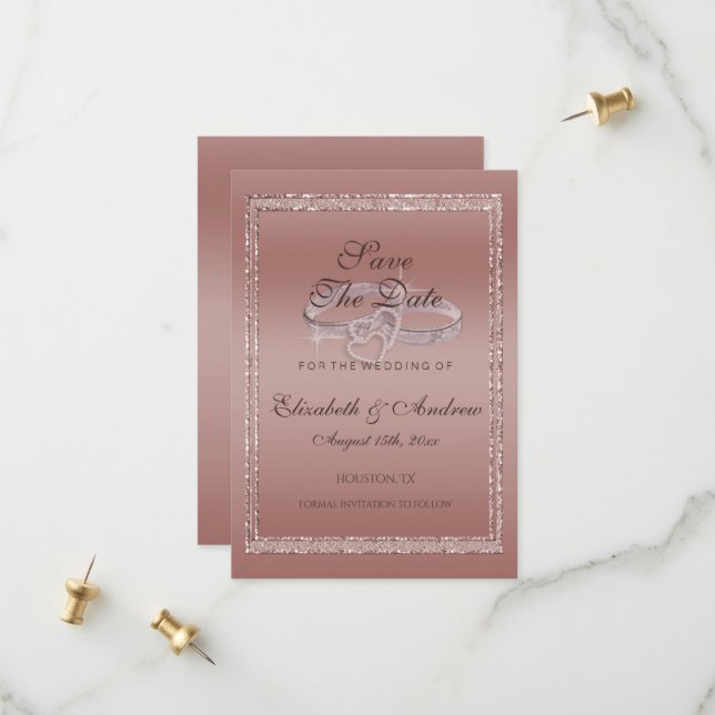 Save The Date Parties scintillant or rose et anneaux Mariage arg (Devant/Arrière en situation)