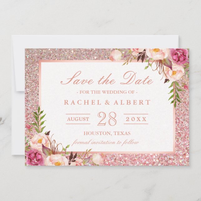 Save The Date Parties scintillant roses or rose florale Enregist (Devant)