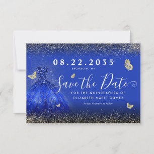 Save The Date Parties scintillant Royal Blue Gold Gown Quinceane