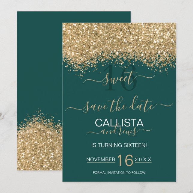 Save The Date Parties scintillant Verte Or Luxe Moderne Confetti (Devant / Derrière)